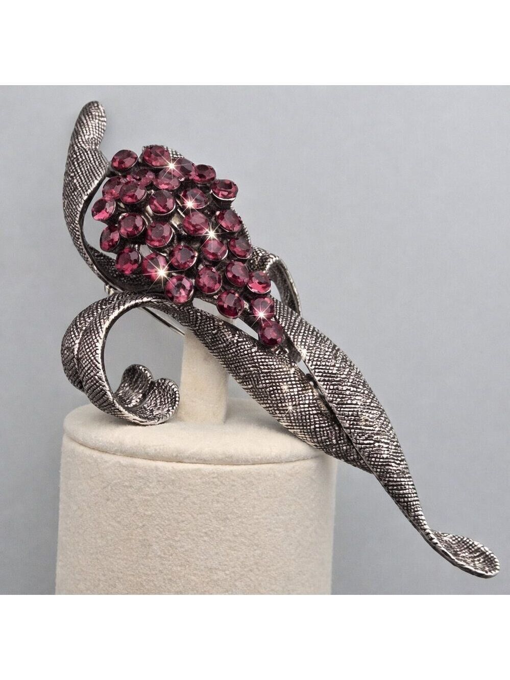 Floral Bouquet Brooch Purple Crystal Dark Silver Textured Pin Large 3.75"